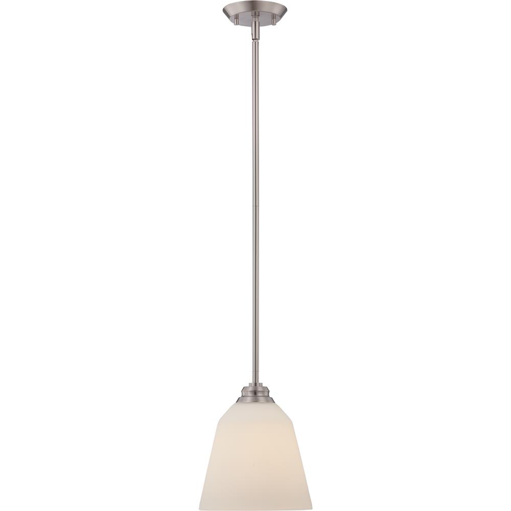 Nuvo Lighting 62/362  Calvin - 1 Light Mini Pendant with Satin White Glass - LED Omni Included in Brushed Nickel Finish